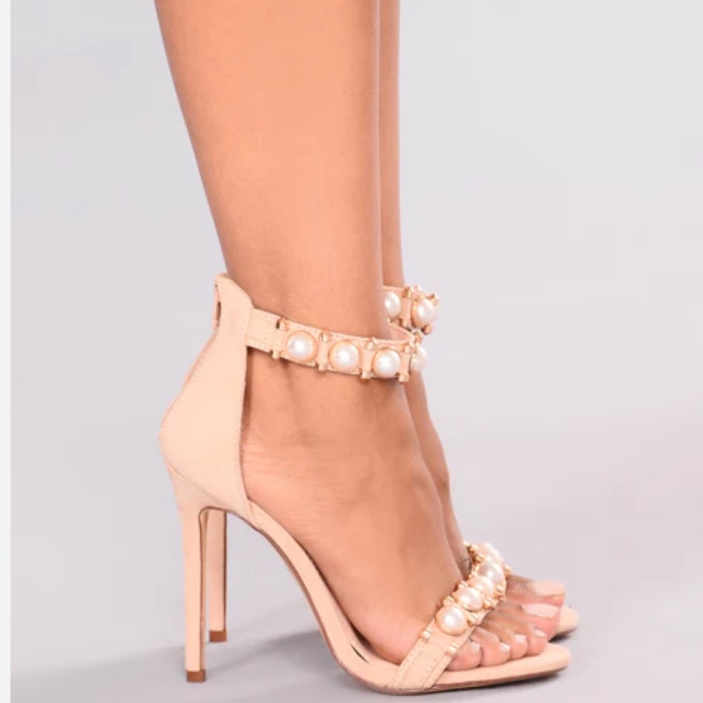 Jacobies Pearl embellished taupe nude suede ankle strap sandals open toe heels 9